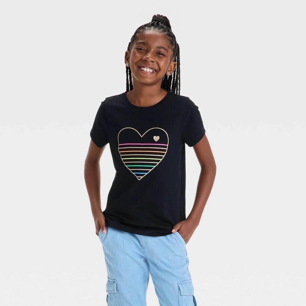 Girls' Short Sleeve Heart Graphic T-Shirt Cat & Jack Black XS Crew Neck